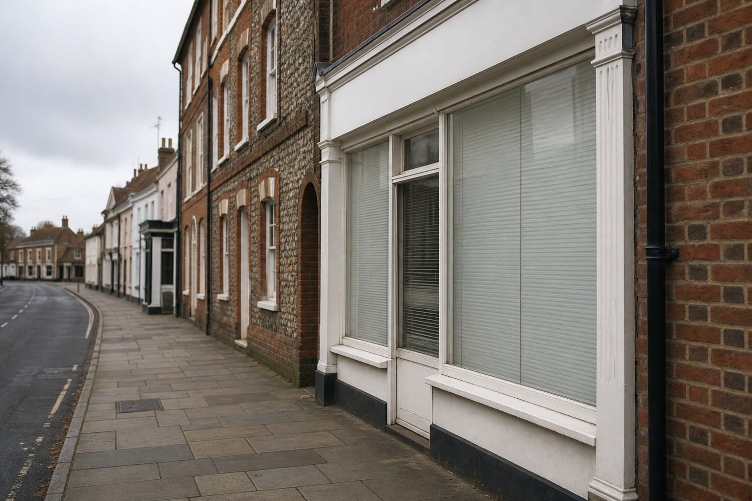 Quiet Georgian and flint high street in a Norfolk market town on an overcast morning