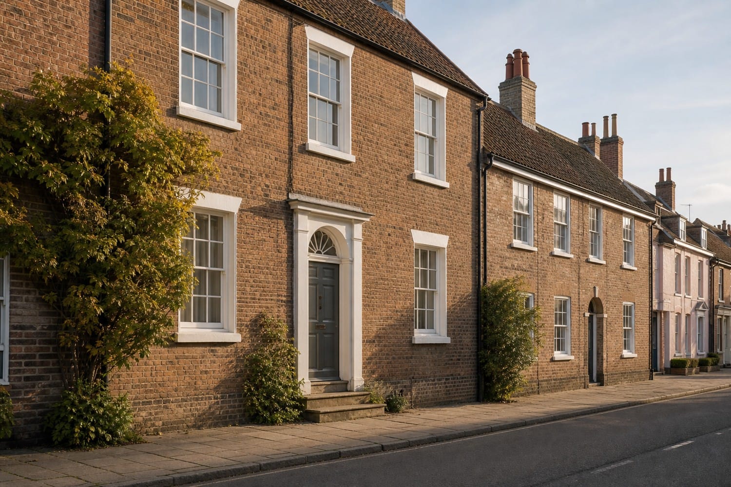Georgian townhouse on a Norfolk market town street in late afternoon light
