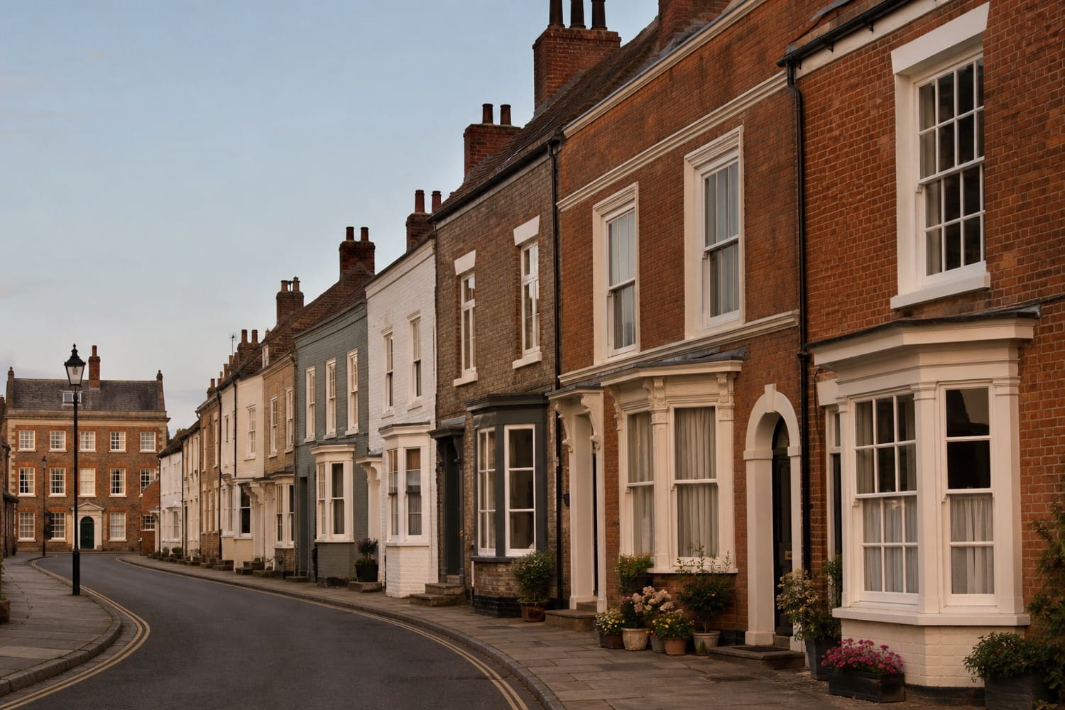 Quiet street of period brick houses in a Norfolk market town on a summer morning