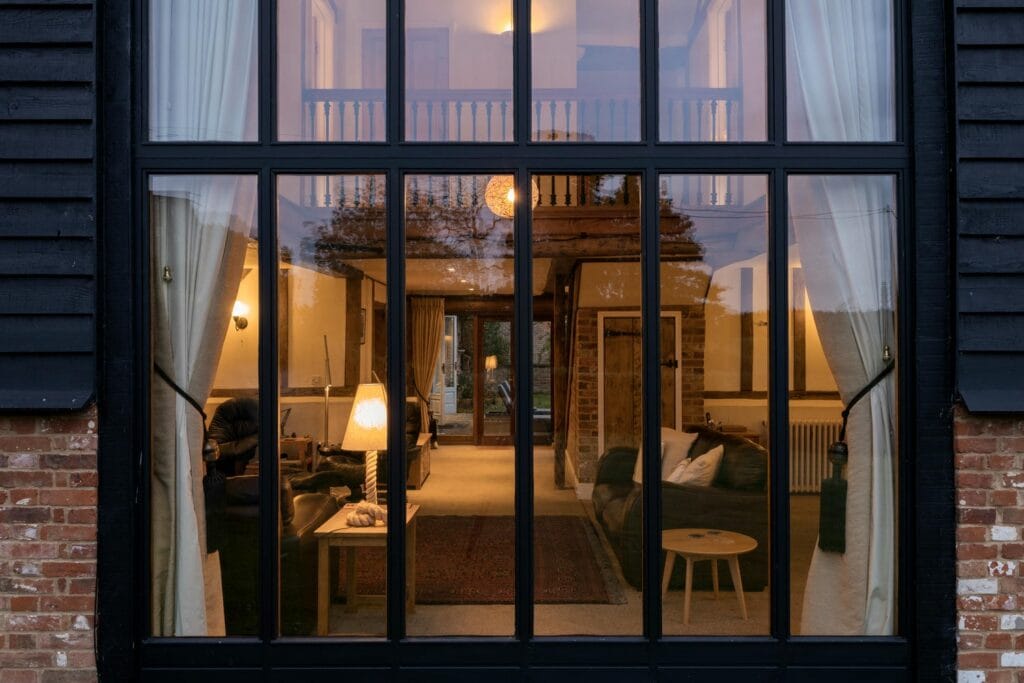Looking in from outside at dusk
