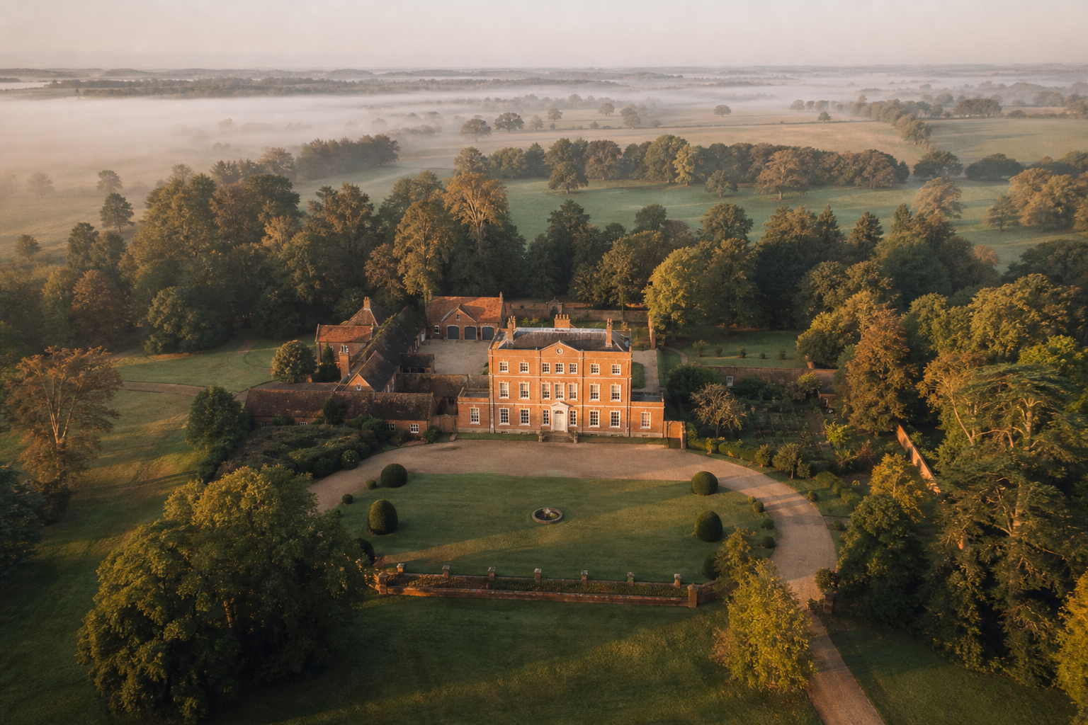 Aerial view of a grand Norfolk country house estate at dawn, surrounded by parkland and misty fields