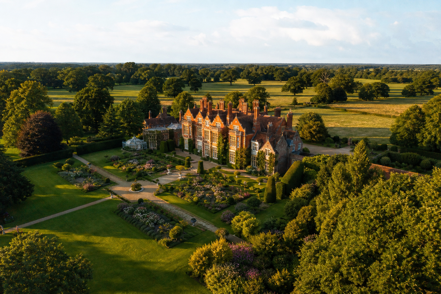 Aerial view of a Norfolk country manor house in summer, surrounded by formal gardens and open countryside