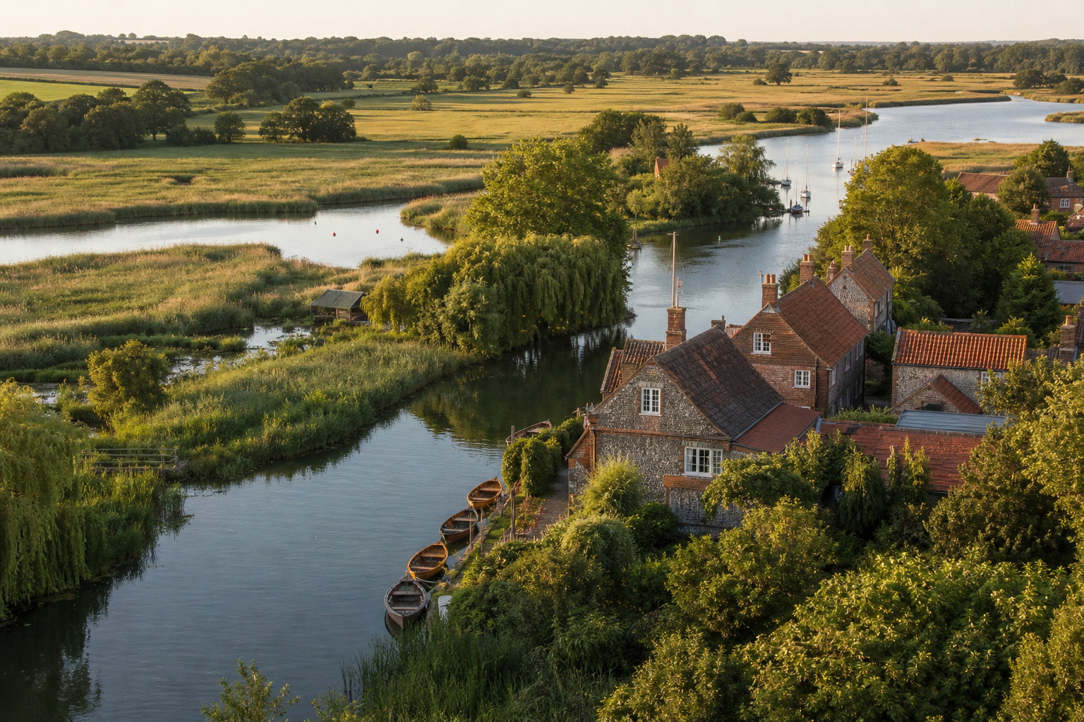Norfolk Broads riverscape with traditional village and moored boats, Broadland Norfolk