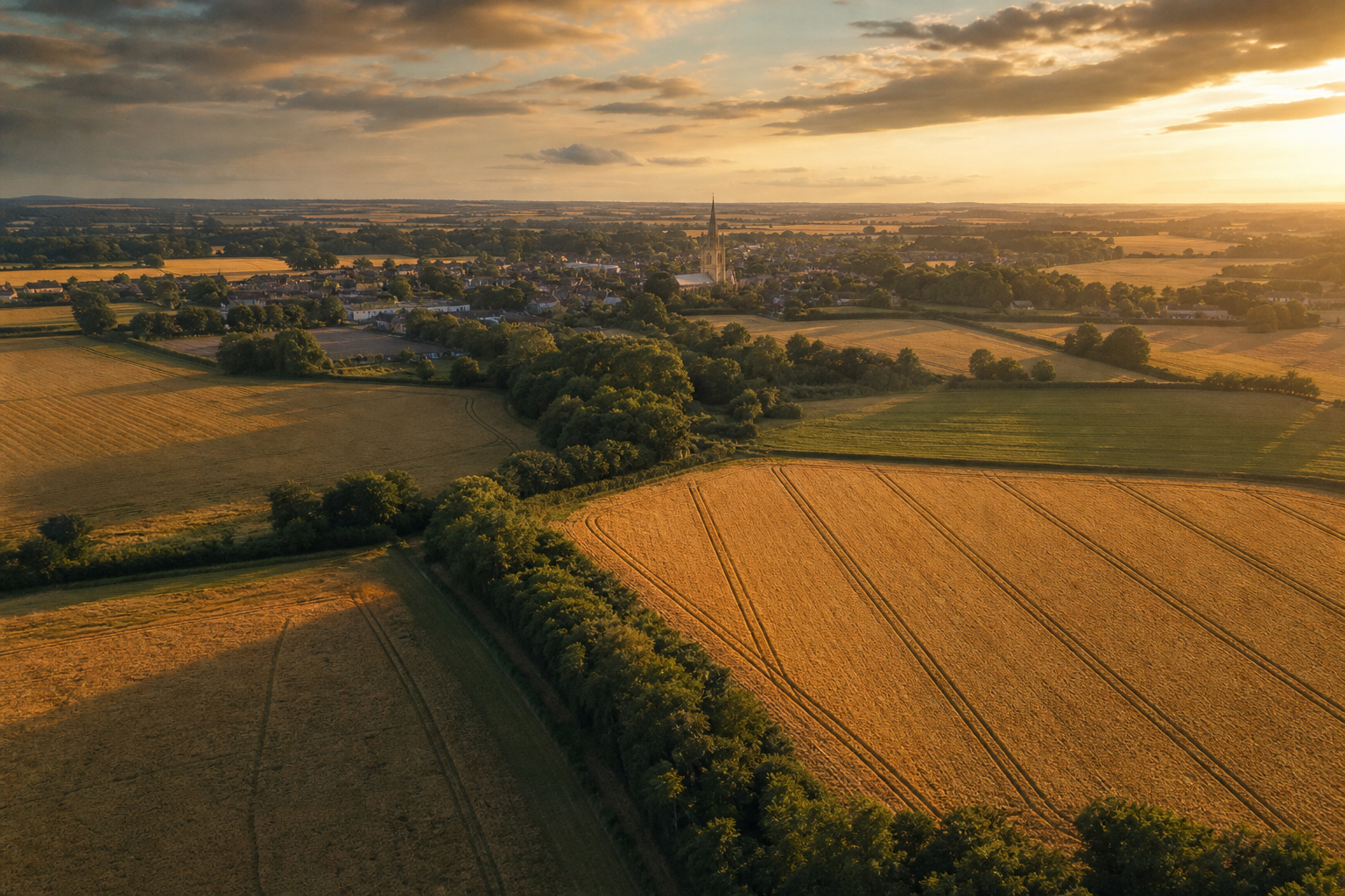 Aerial view of South Norfolk countryside at golden hour, with a historic market town church spire visible across summer wheat fields