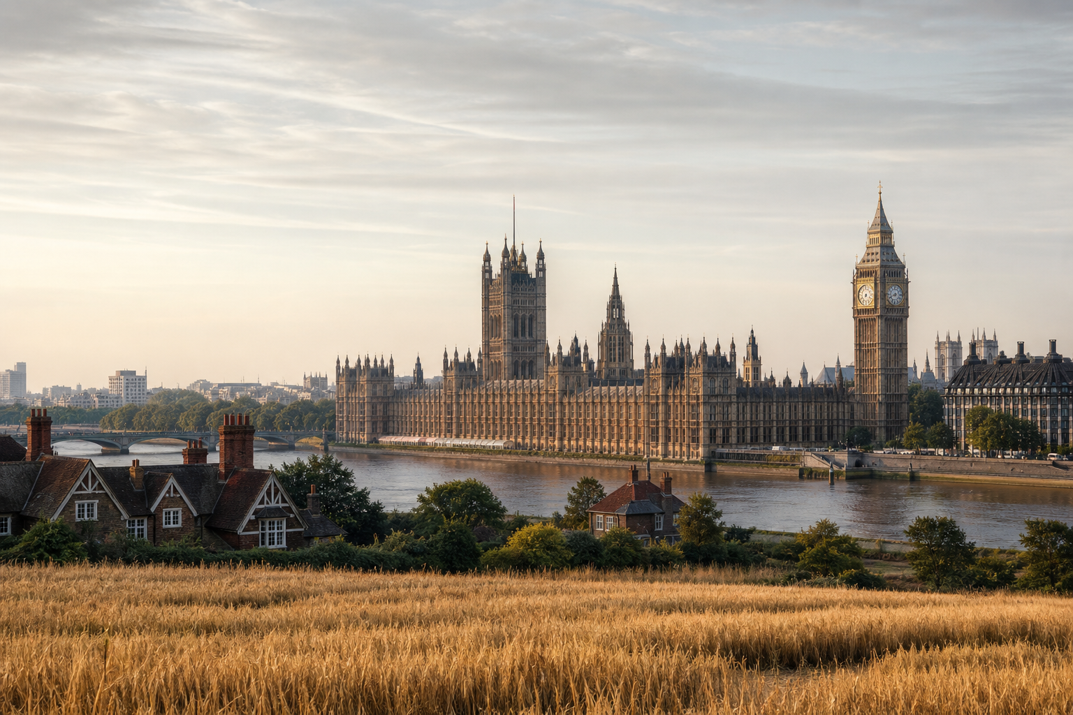 Westminster Parliament buildings viewed across golden wheat fields with traditional English period houses, representing the intersection of national property policy and Norfolk countryside