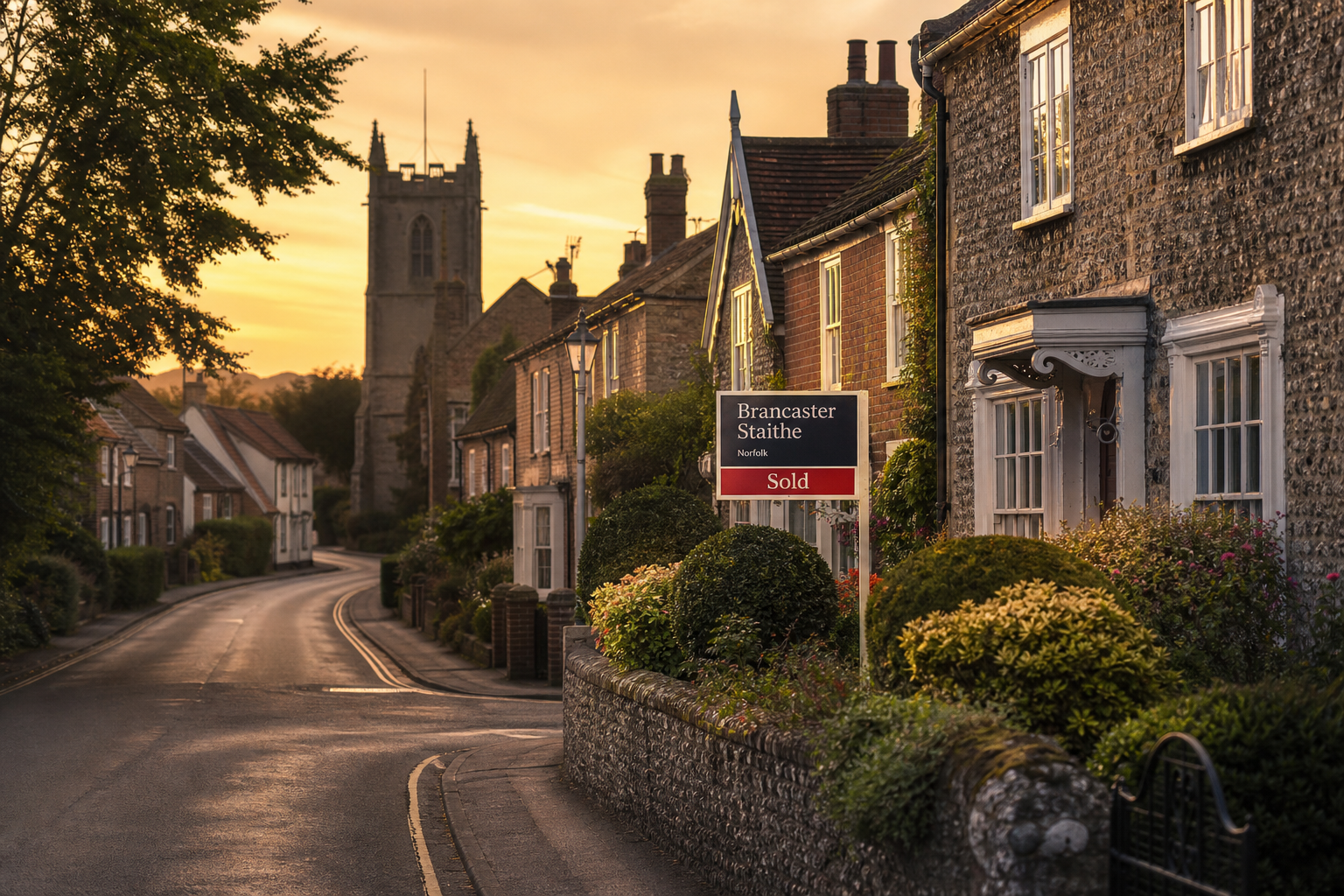 A quiet Norfolk village high street at golden hour, timeless flint cottages and church tower
