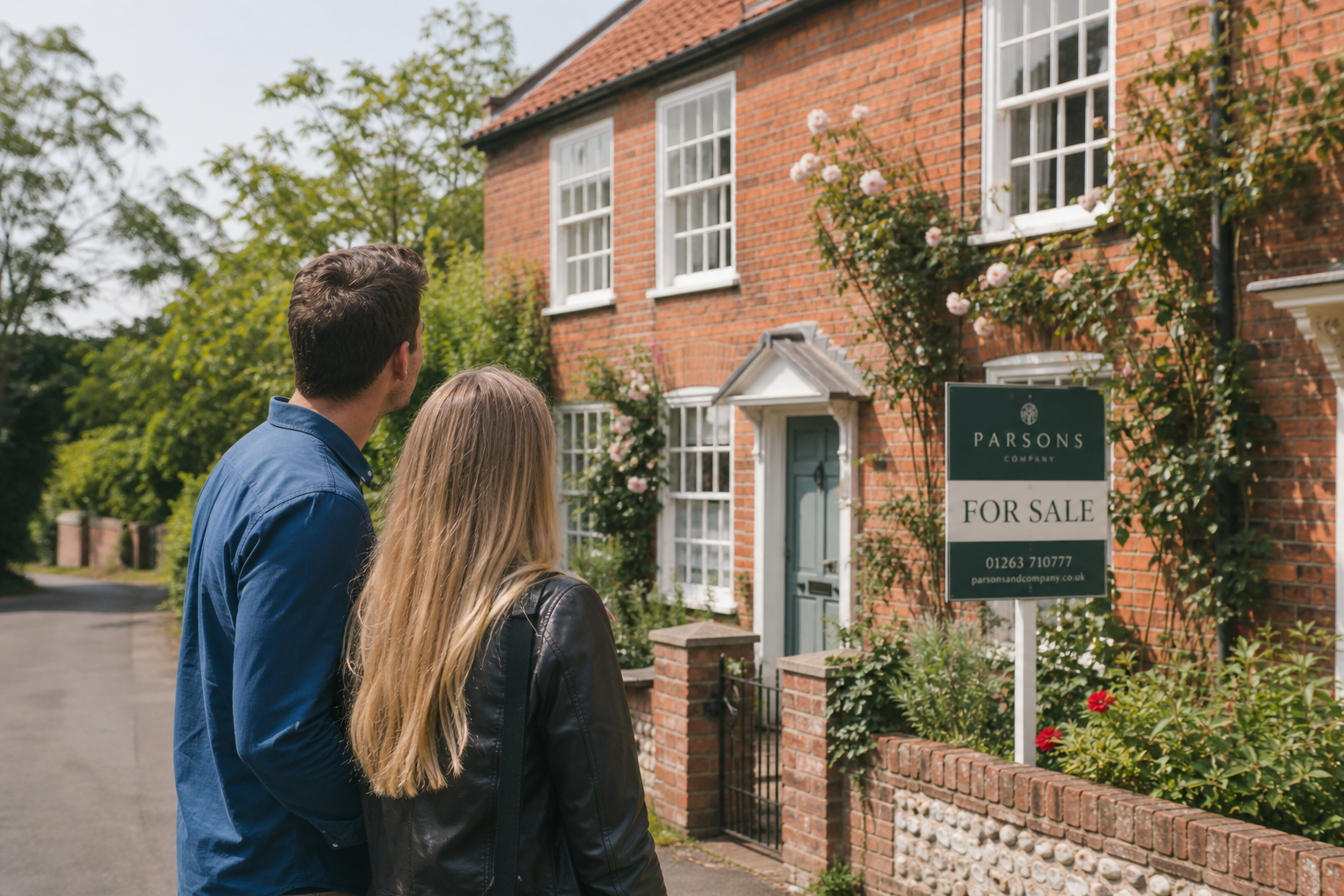 Young buyers viewing a period cottage in a Norfolk market town