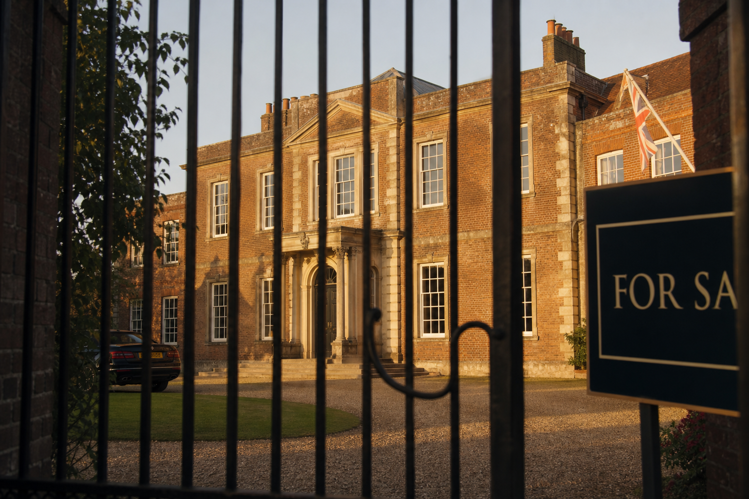 Georgian country house viewed through iron gates with For Sale sign in golden evening light