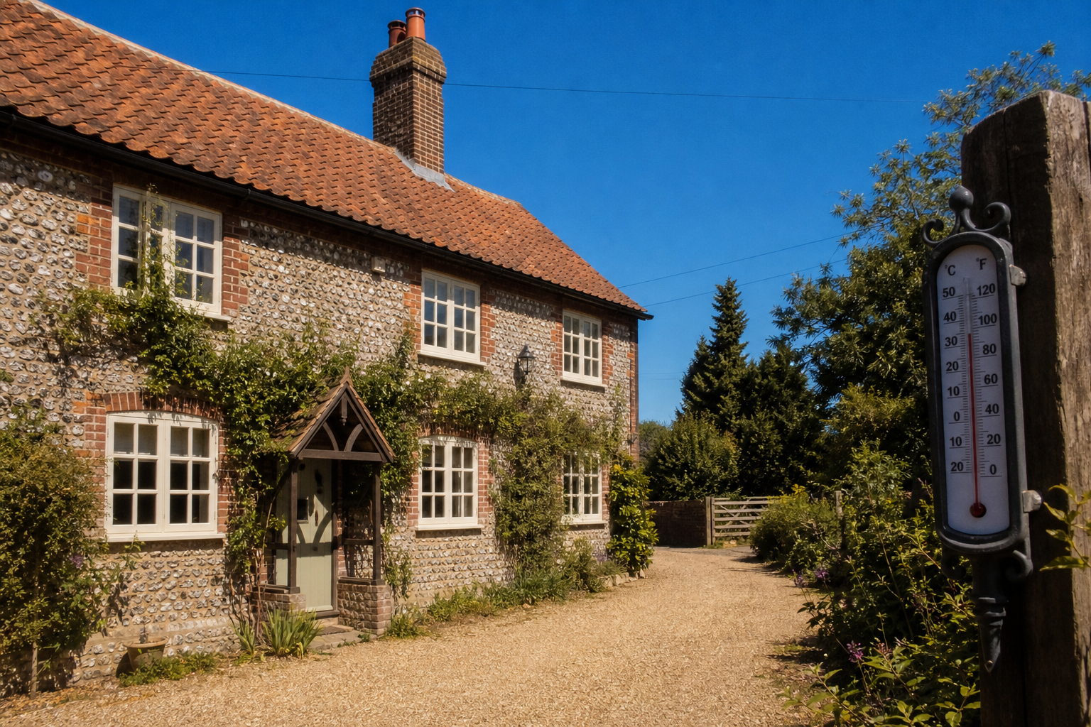 Norfolk flint cottage on a hot summer day with thermometer showing high temperature