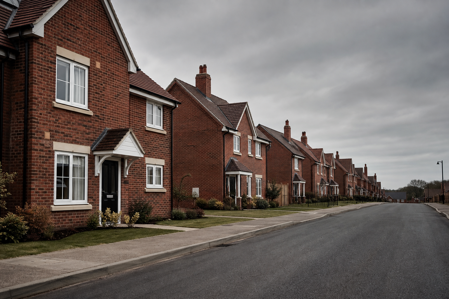 Row of new-build homes on a Norfolk housing estate under overcast skies
