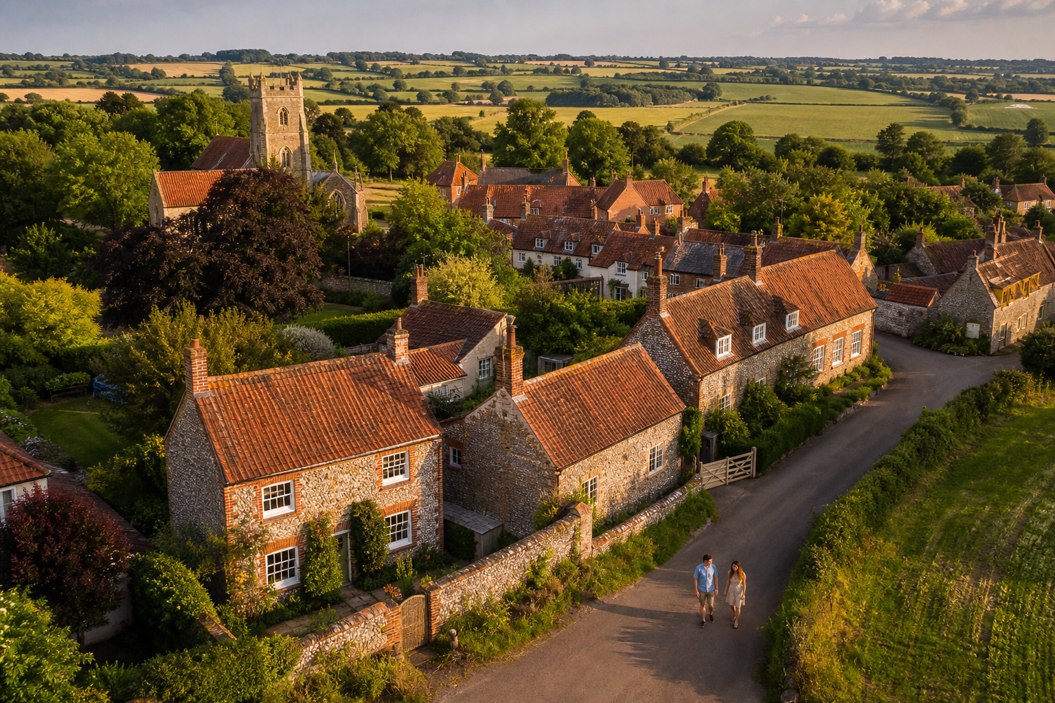 Aerial view of a Norfolk village with traditional cottages surrounded by green farmland