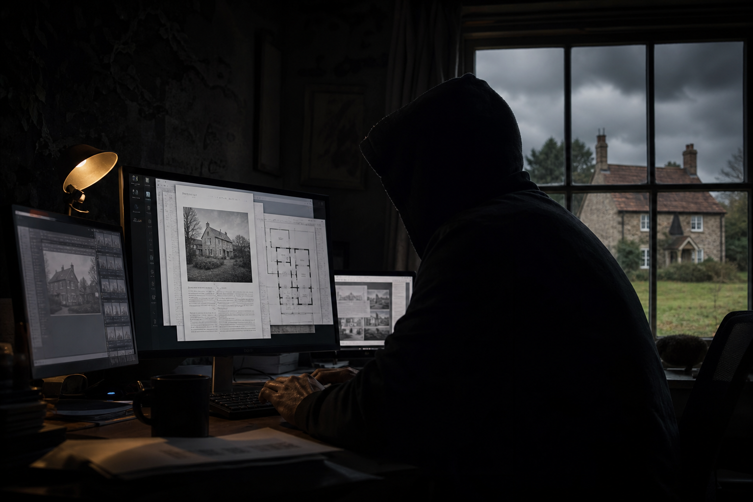 Digital fraud concept showing property documents being manipulated on computer screens