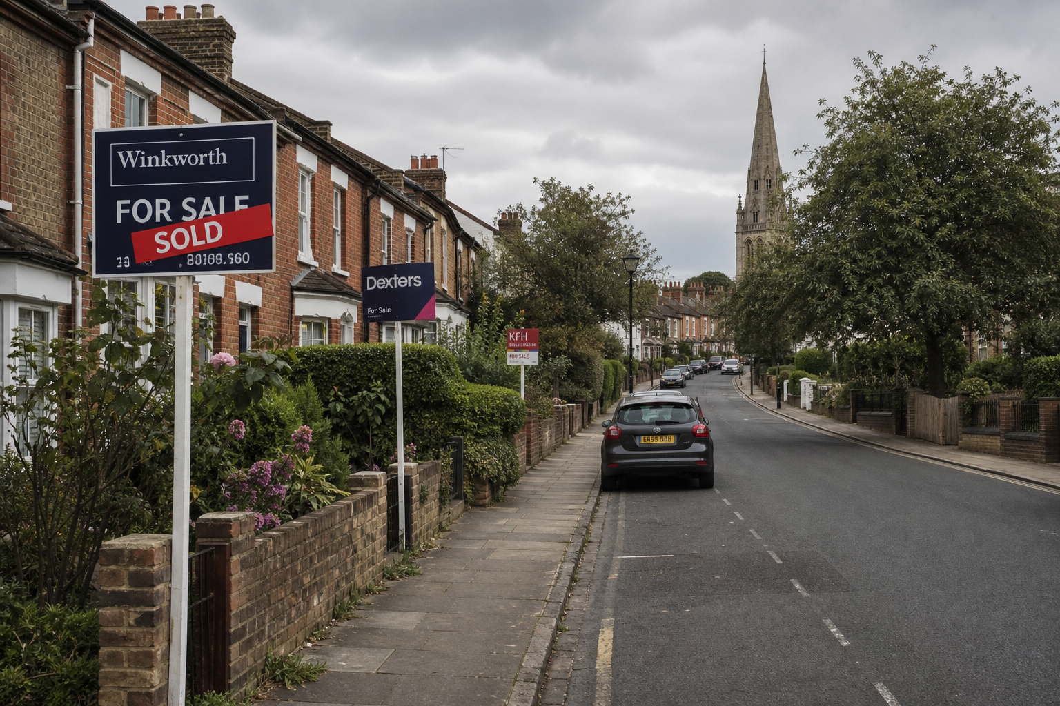 Estate agent for sale boards on a quiet English residential street in summer