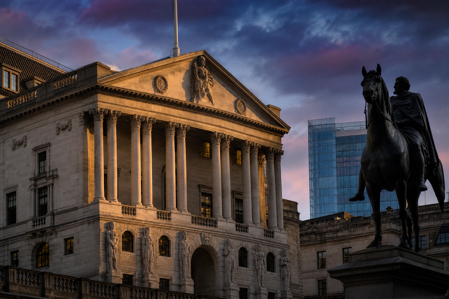 Bank of England building at dusk, representing interest rate decisions affecting the Norfolk and Suffolk property market