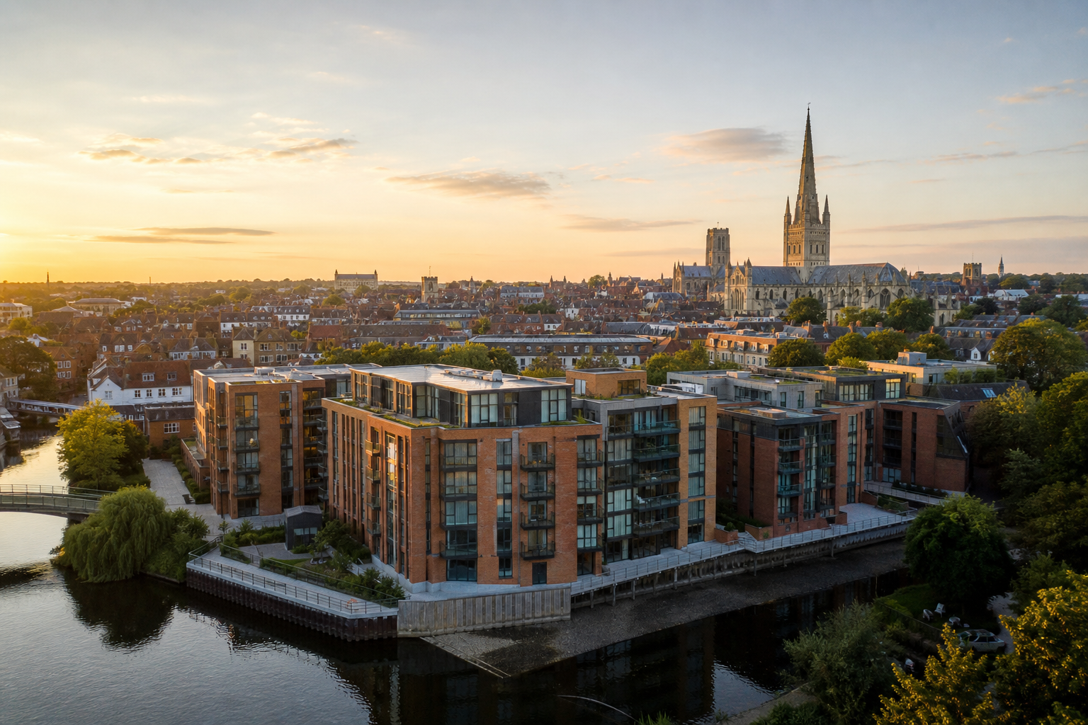 Modern riverside apartment development in Norwich, representing institutional investment in UK rental housing