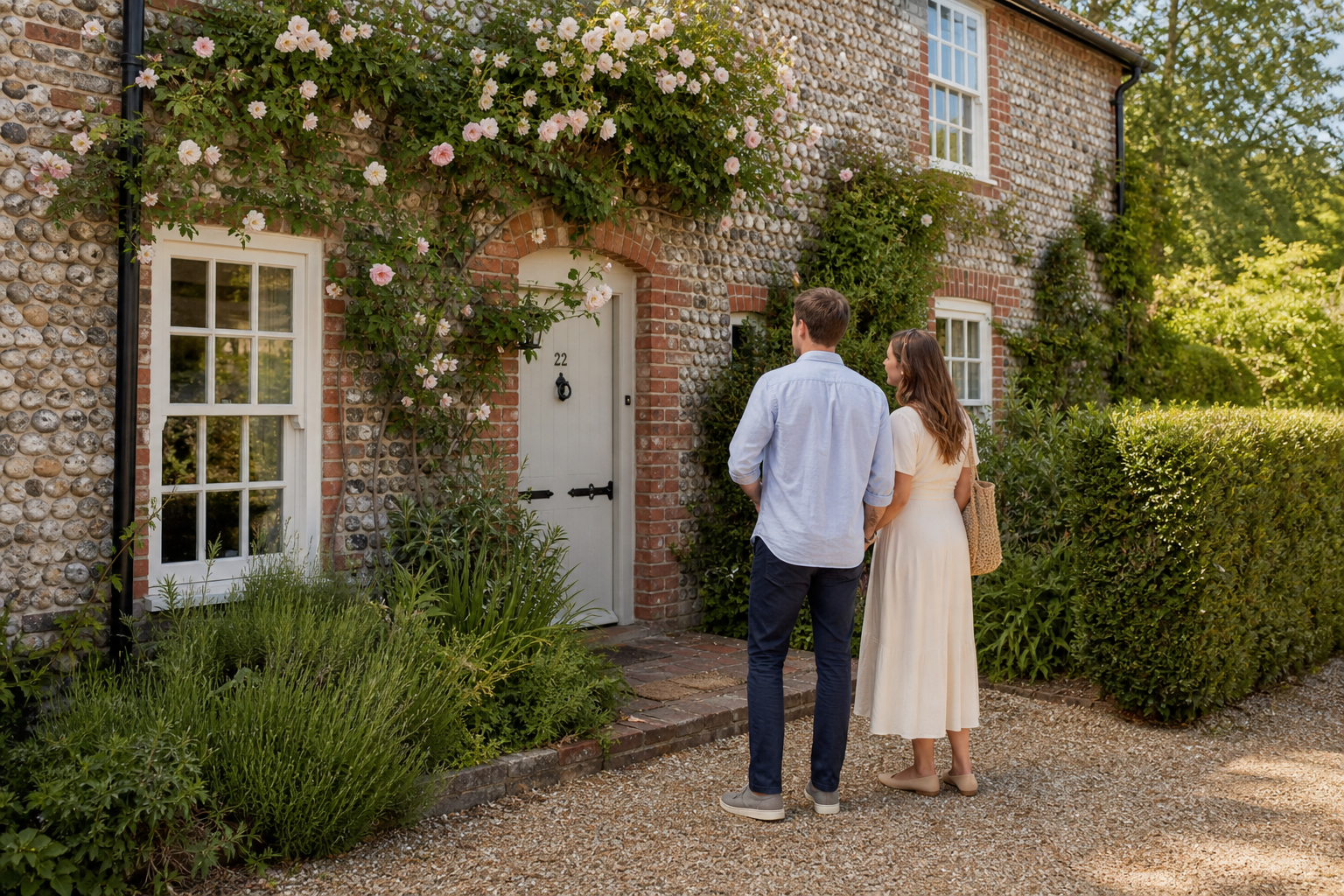 Couple viewing a period property in a Norfolk village, representing homebuying confidence