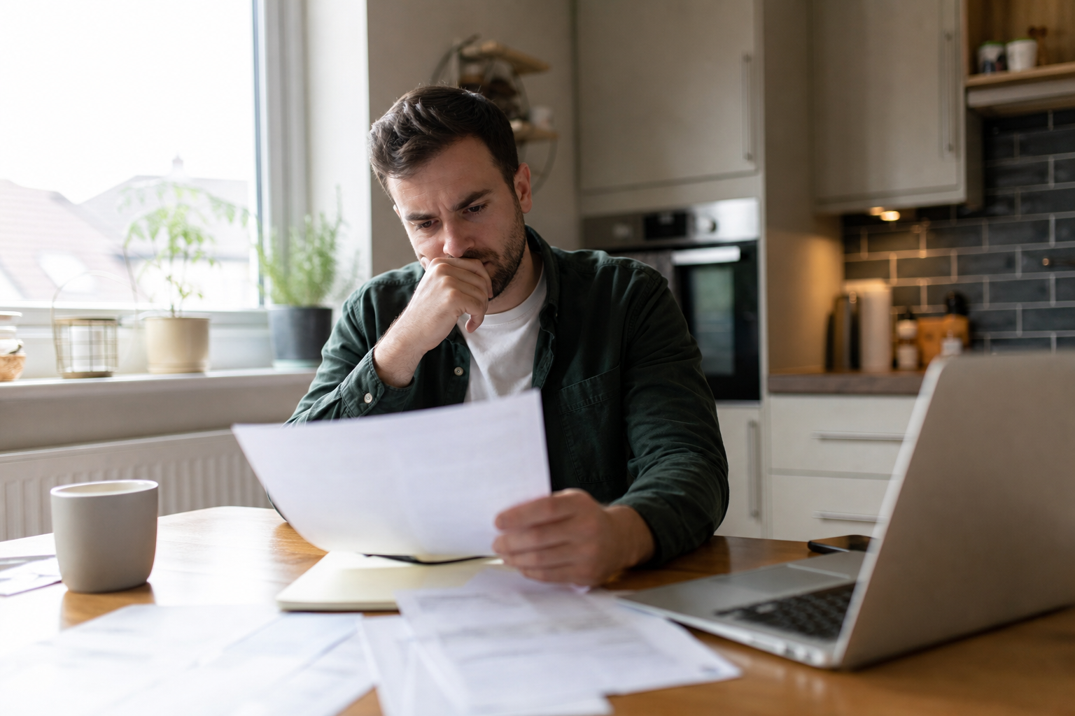 Homeowner reviewing mortgage paperwork with concern about rising costs