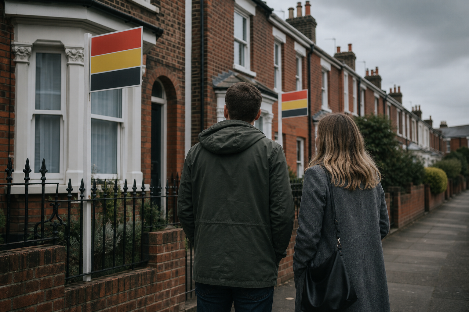 Young couple looking at terraced houses with Sold signs in a Norfolk market town