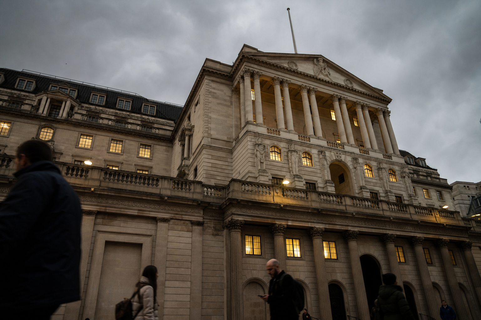 The Bank of England building on Threadneedle Street under dramatic skies