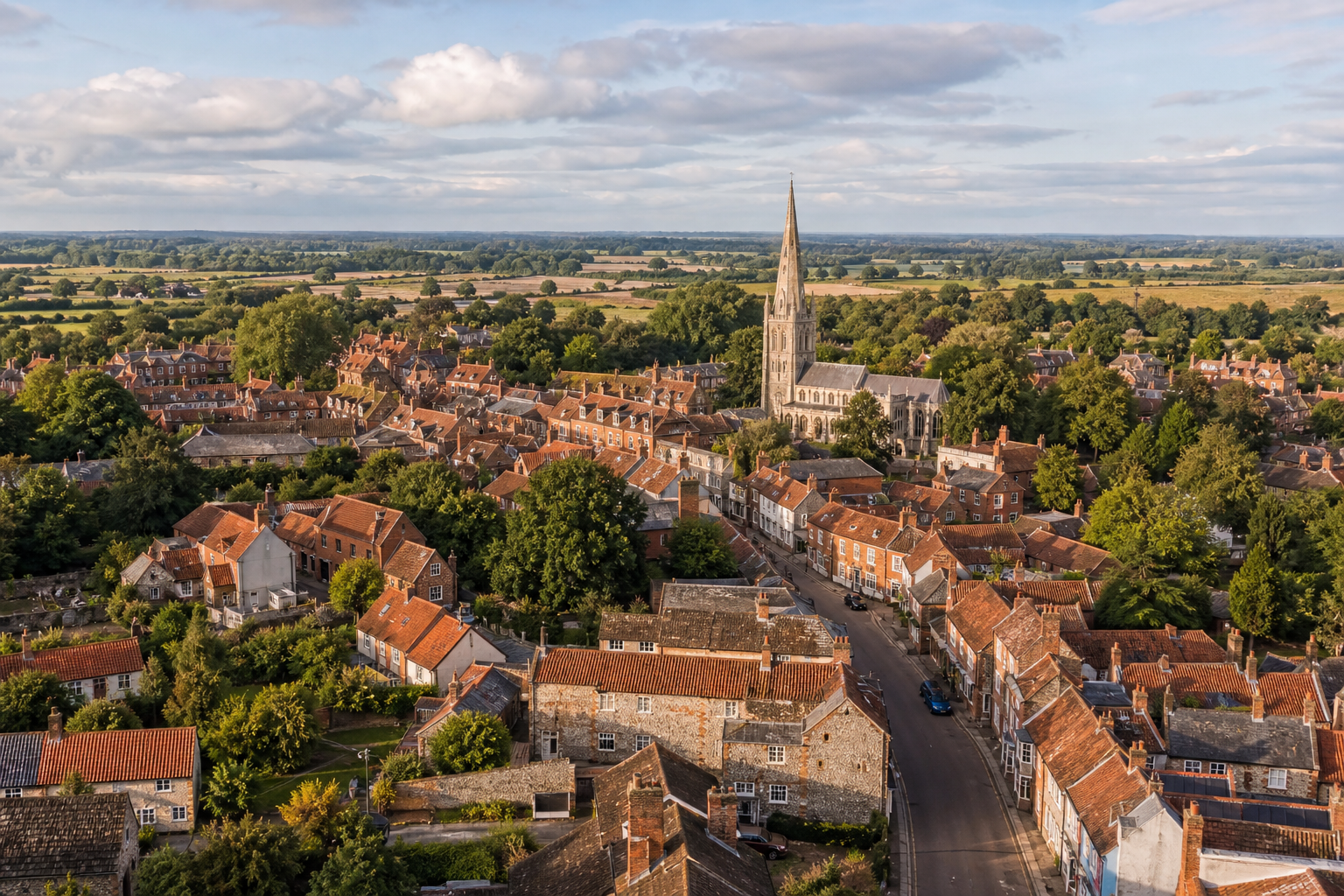 Aerial view of a Norfolk market town with period houses and church spire
