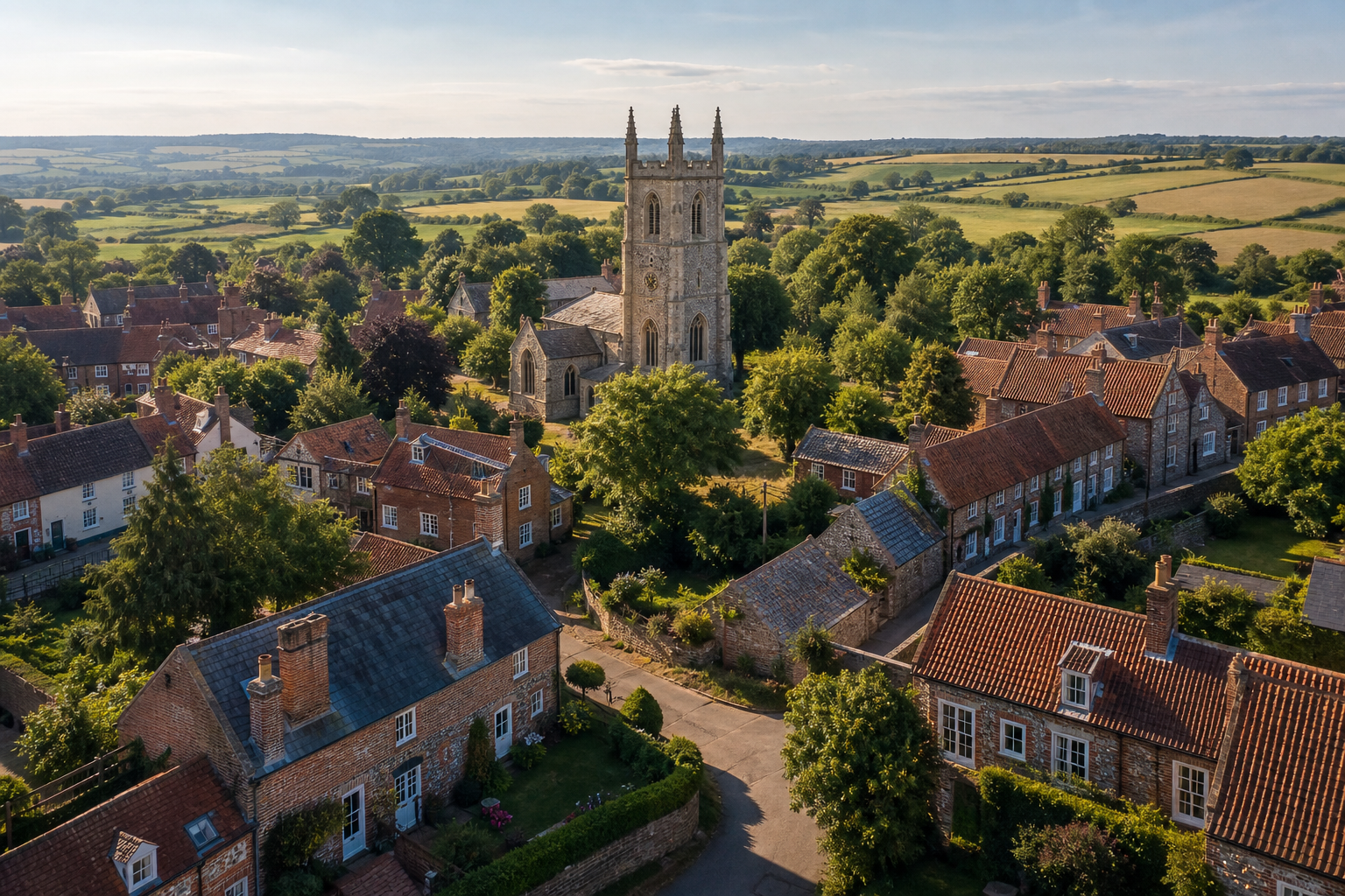 Norfolk village with traditional cottages and church tower in summer morning light