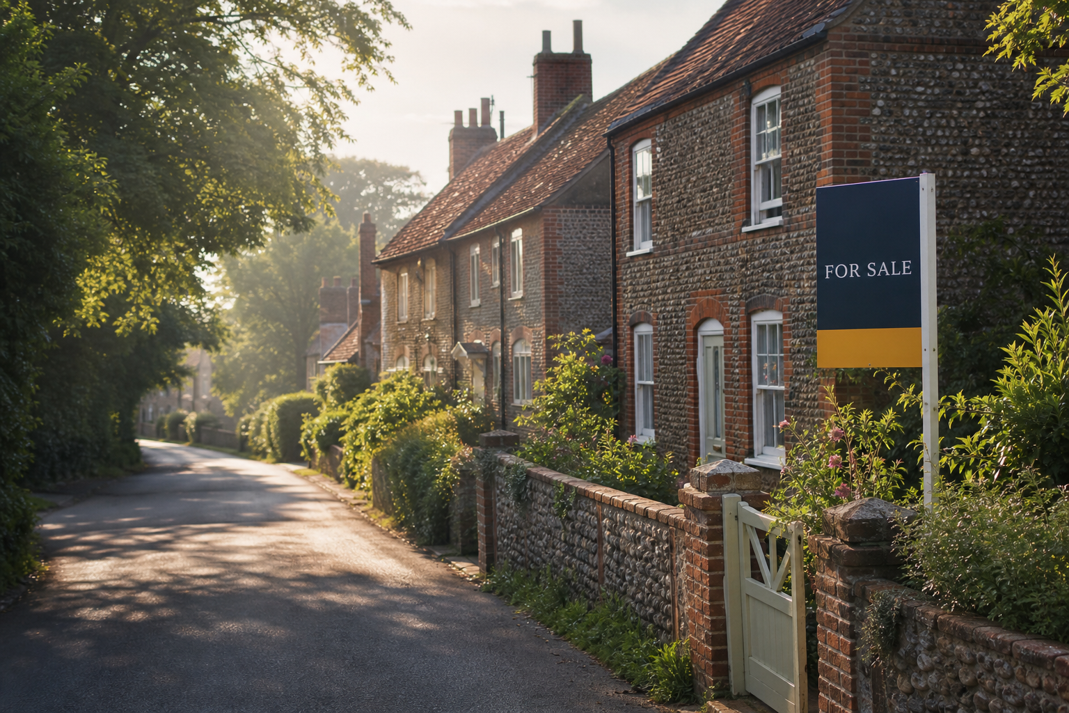 Norfolk village street with traditional flint cottages and a For Sale sign in morning light