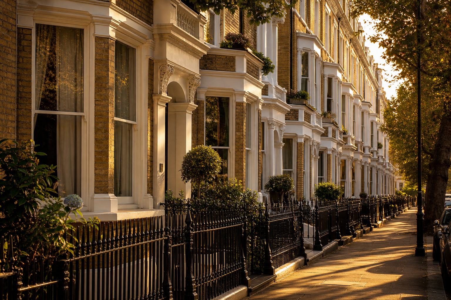 Elegant row of Victorian terraced houses in London during golden hour