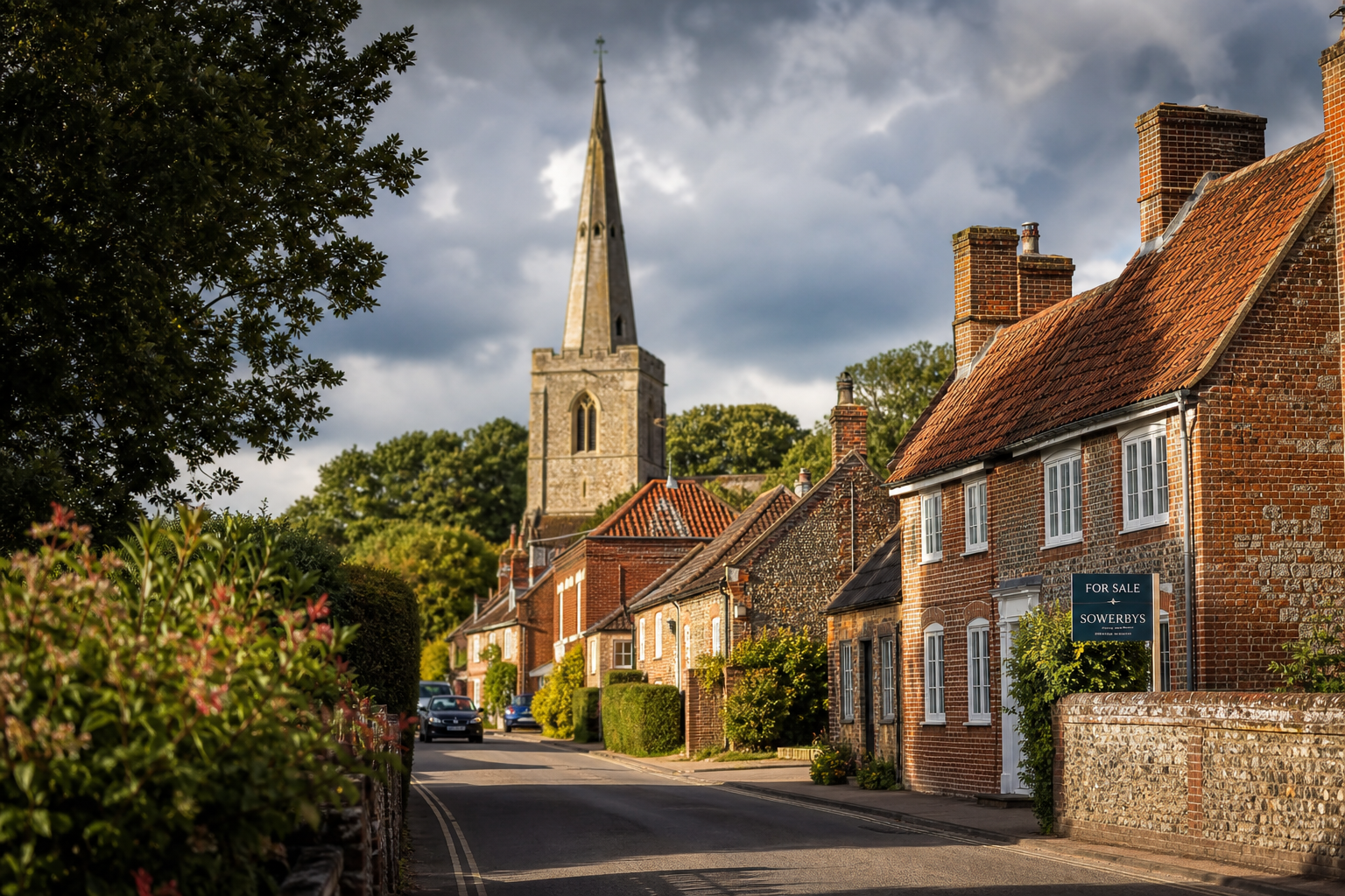 Norfolk village street with period cottages under dramatic summer sky