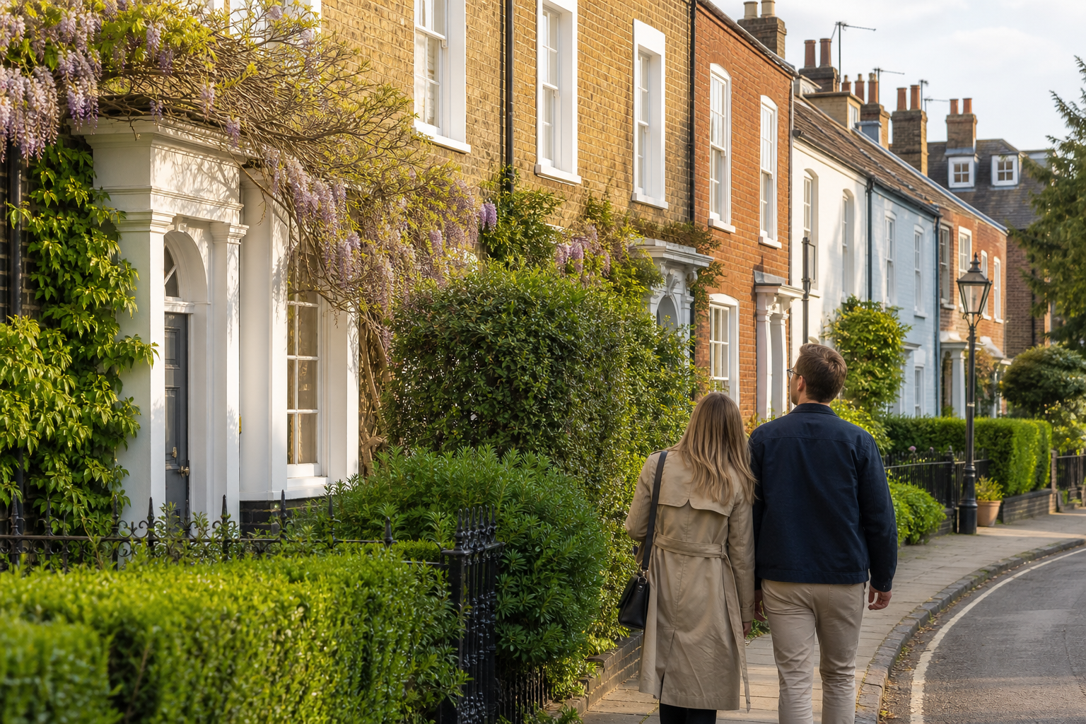 Norfolk market town residential street with period terraced houses in golden morning light