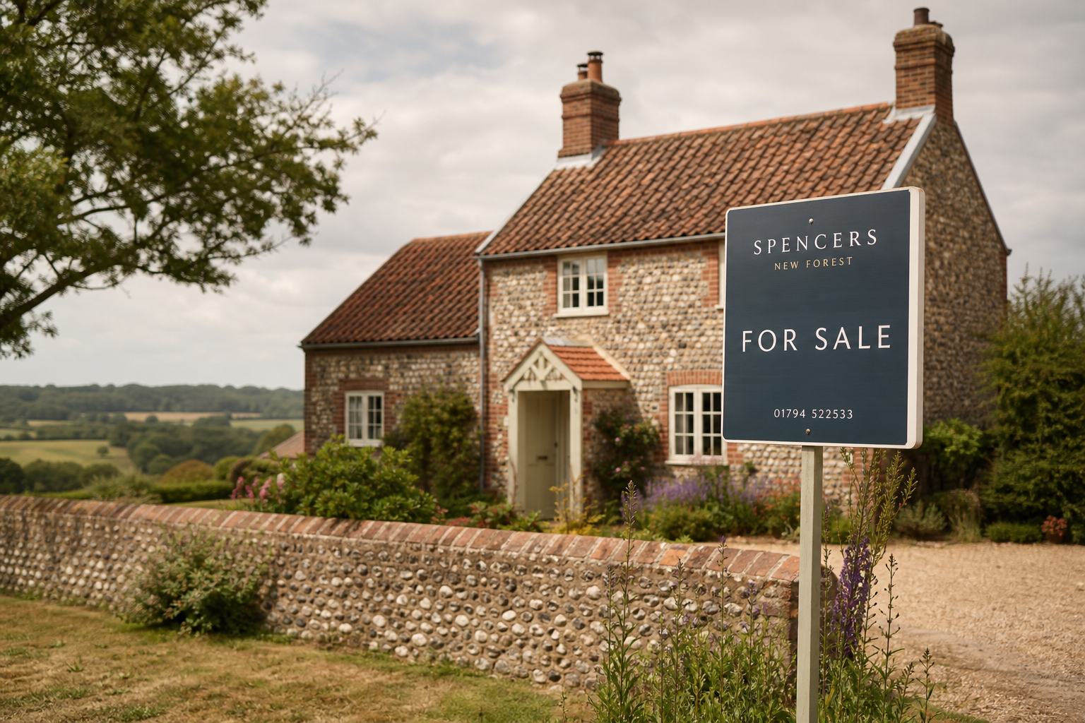 Norfolk flint cottage with For Sale sign in summer light, illustrating the current UK property market where half of listed homes fail to complete