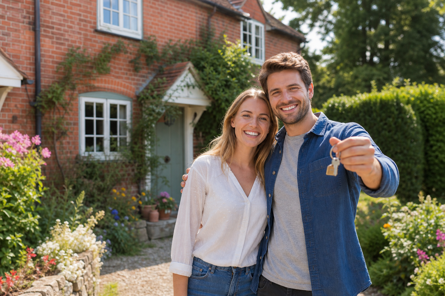 Young couple holding keys outside their new Norfolk home, celebrating no-deposit mortgage approval
