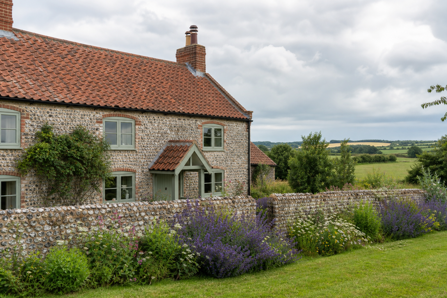 Norfolk flint cottage with pantile roof set in rolling countryside, illustrating the UK property market