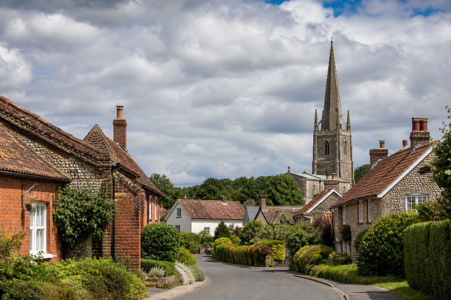 Norfolk village street with medieval church spire and traditional cottages under dramatic summer sky