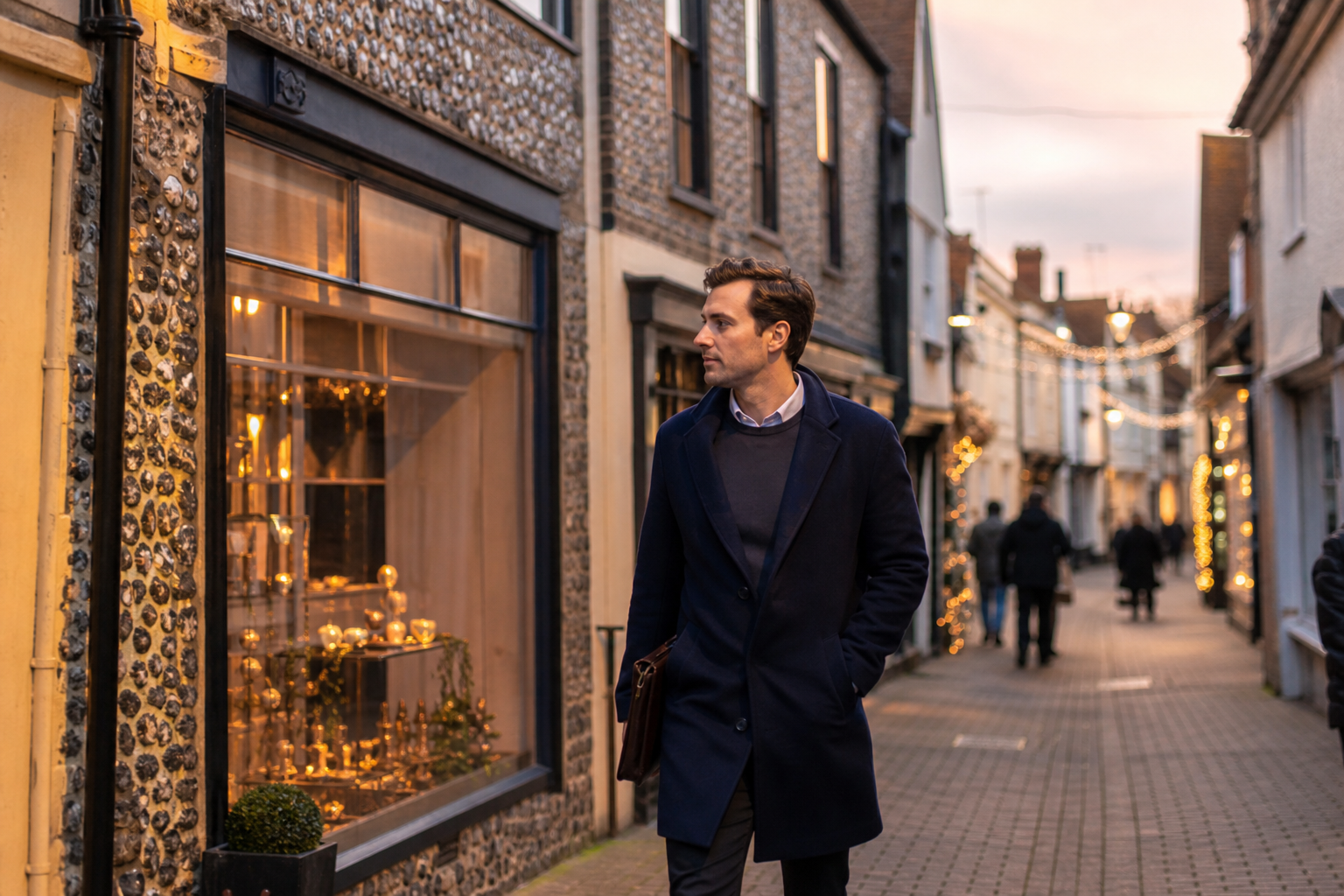 Young professional walking along a Norfolk high street past independent shops in evening light