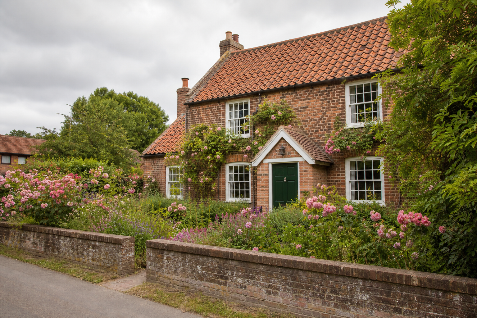 Norfolk brick cottage with climbing roses and cottage garden under summer sky