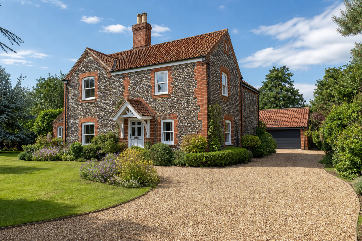 Elegant Norfolk detached house with garden and gravel driveway in summer afternoon light