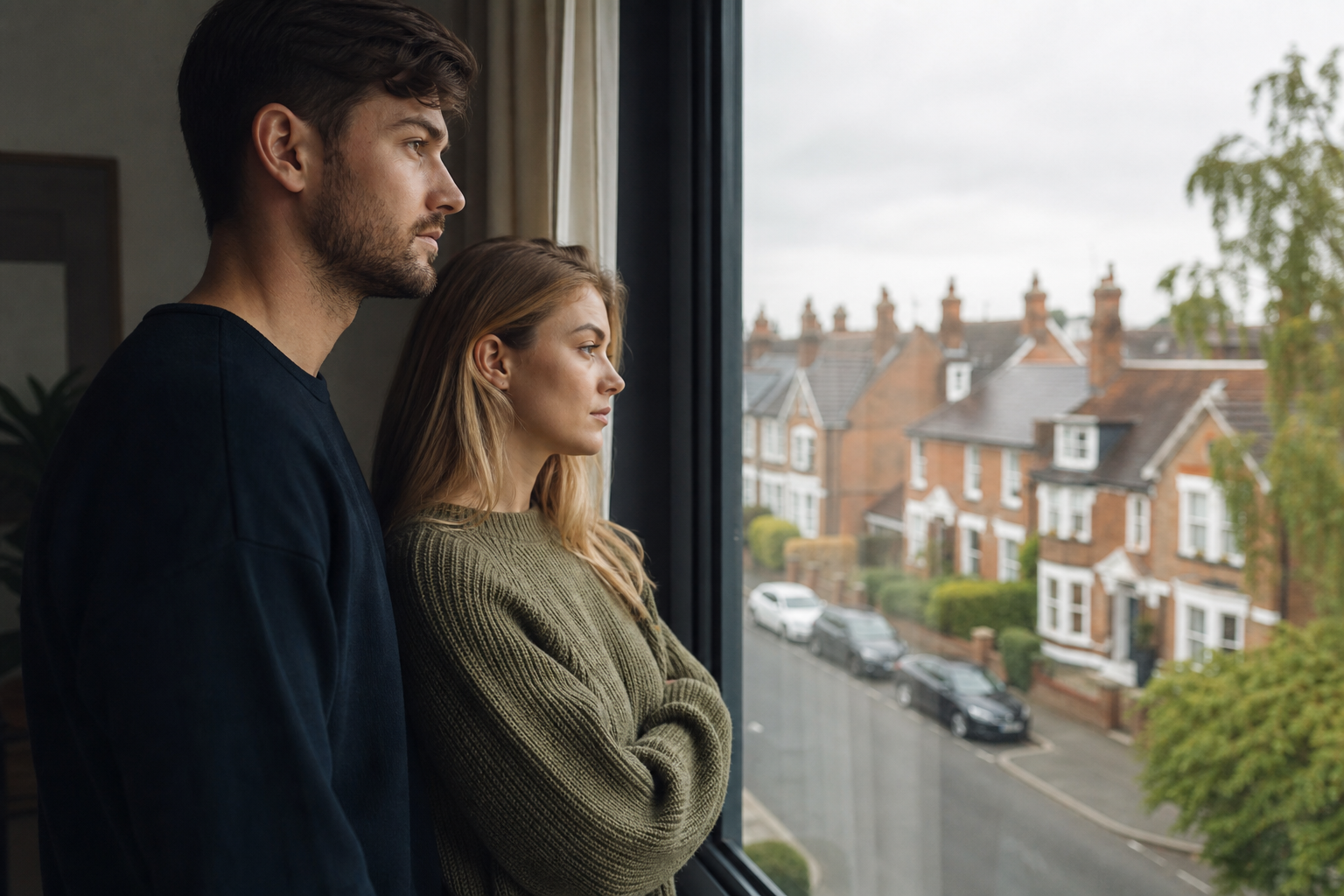 Young couple looking out from a flat window at a residential English street