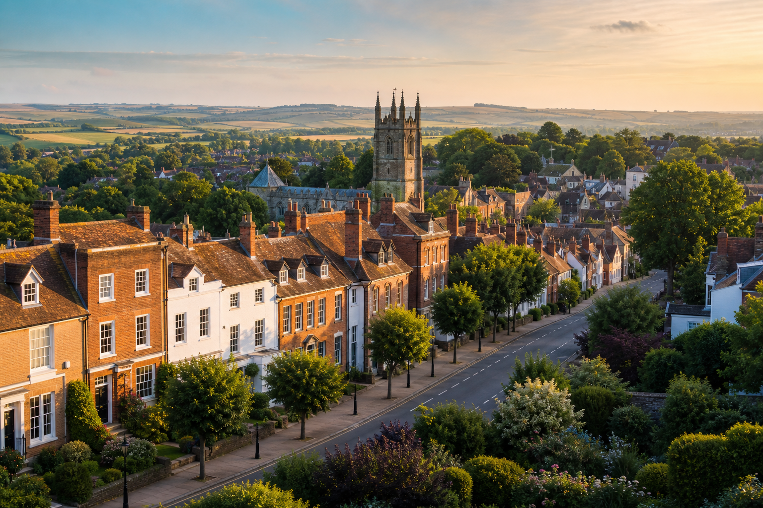 English market town with Georgian and Victorian houses along a tree-lined street in golden summer light