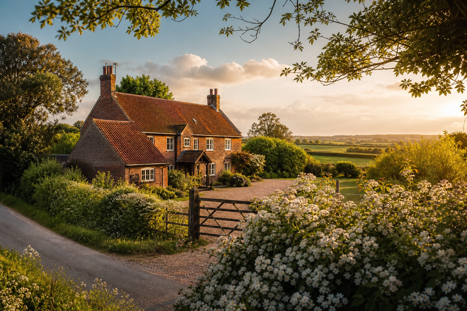 Norfolk countryside farmhouse in golden summer light with rolling fields