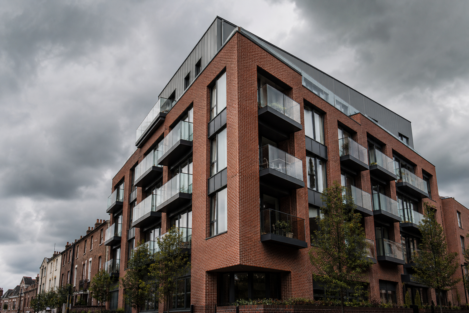 Modern red brick apartment building with glass balconies under cloudy sky