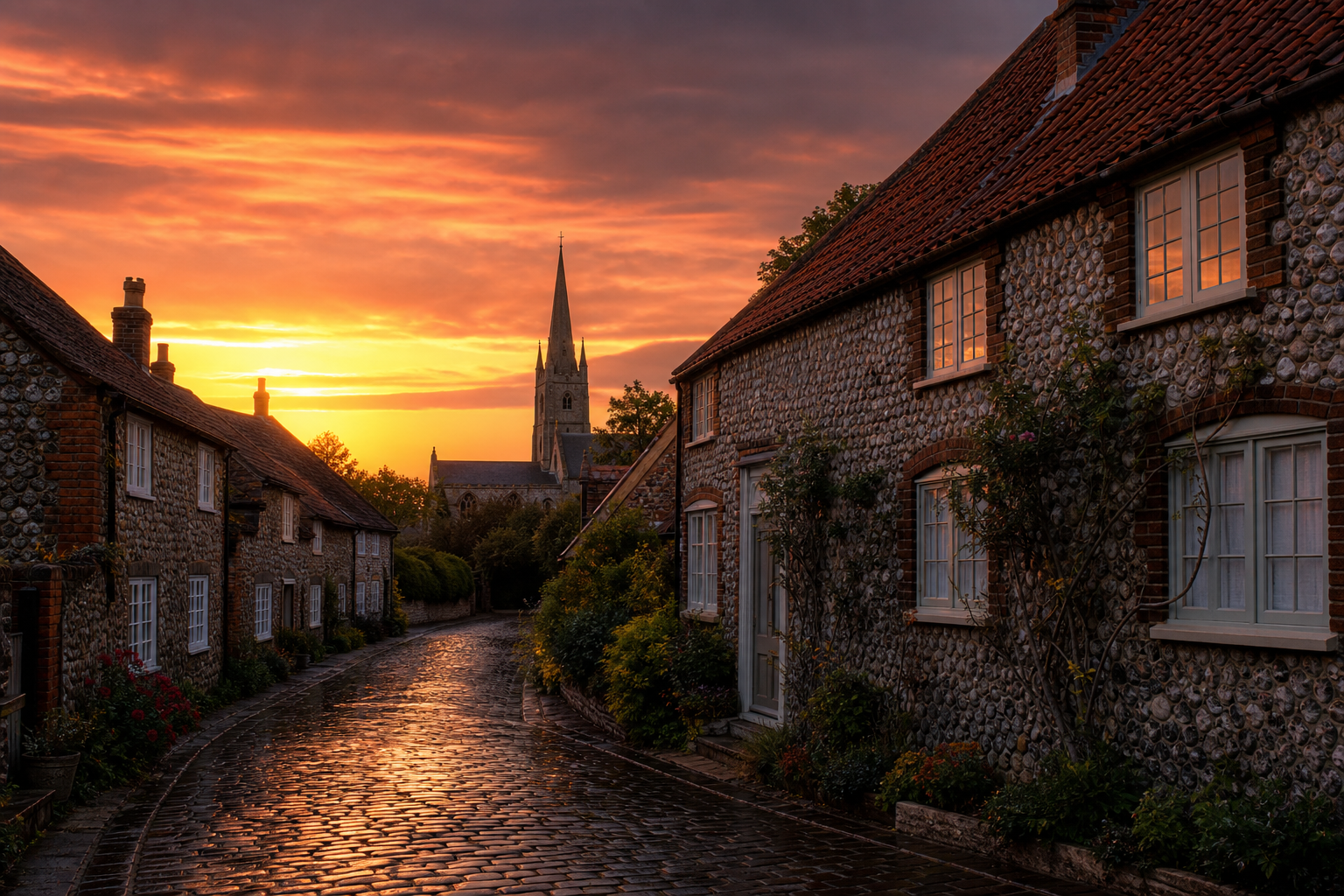 Norfolk flint cottages at sunset with church spire