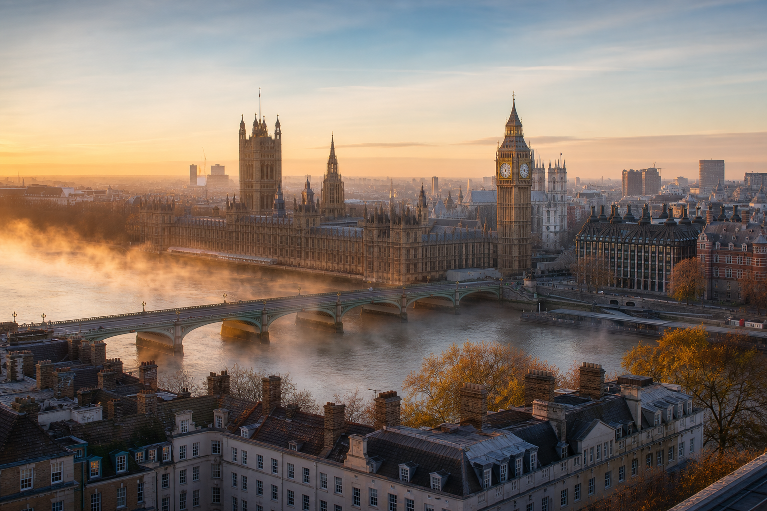 Houses of Parliament and Westminster at dawn with mist over the Thames