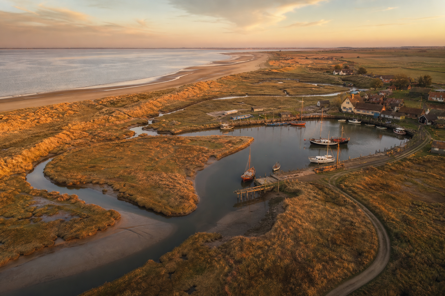 Aerial view of Burnham Overy Staithe, North Norfolk, at golden hour showing tidal creek, salt marshes and harbour