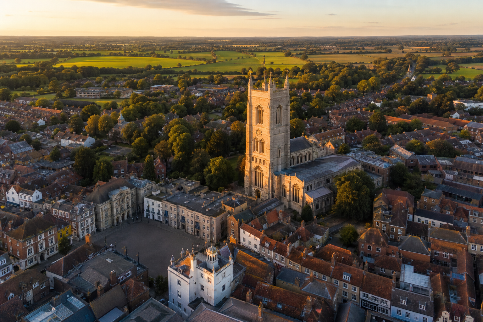Aerial view of a historic Suffolk market town at golden hour, church tower and rooftops surrounded by farmland
