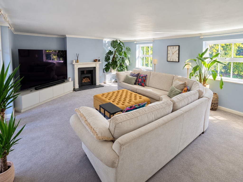 Living room with sectional sofa, fireplace and wall-mounted television in Loddon Hall Cottage, Norfolk