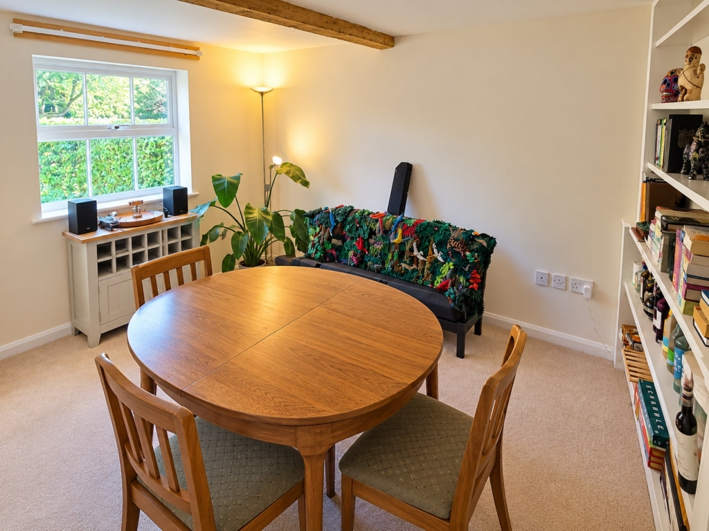 Dining room with oval table, window and bookshelves in Loddon Hall Cottage, Norfolk