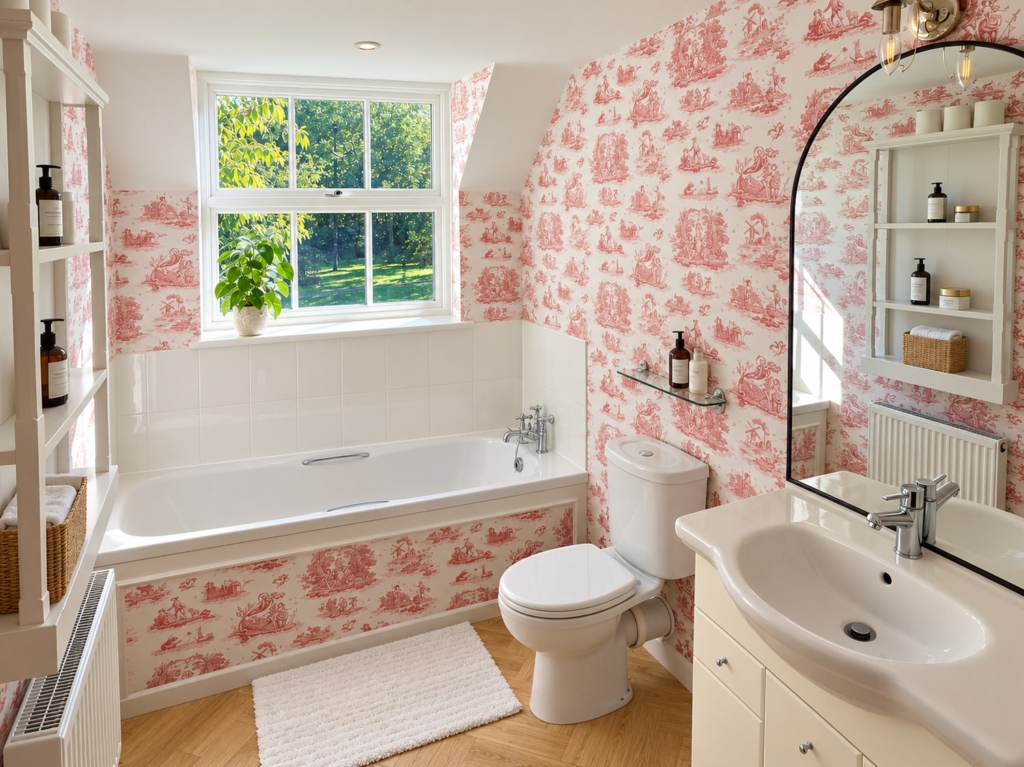 Bathroom with bath, basin and toile wallpaper in Loddon Hall Cottage, Norfolk