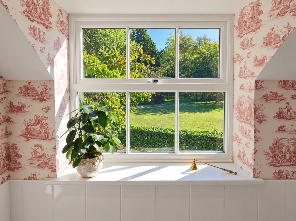 Bathroom window with garden views over the lawn in Loddon Hall Cottage, Norfolk
