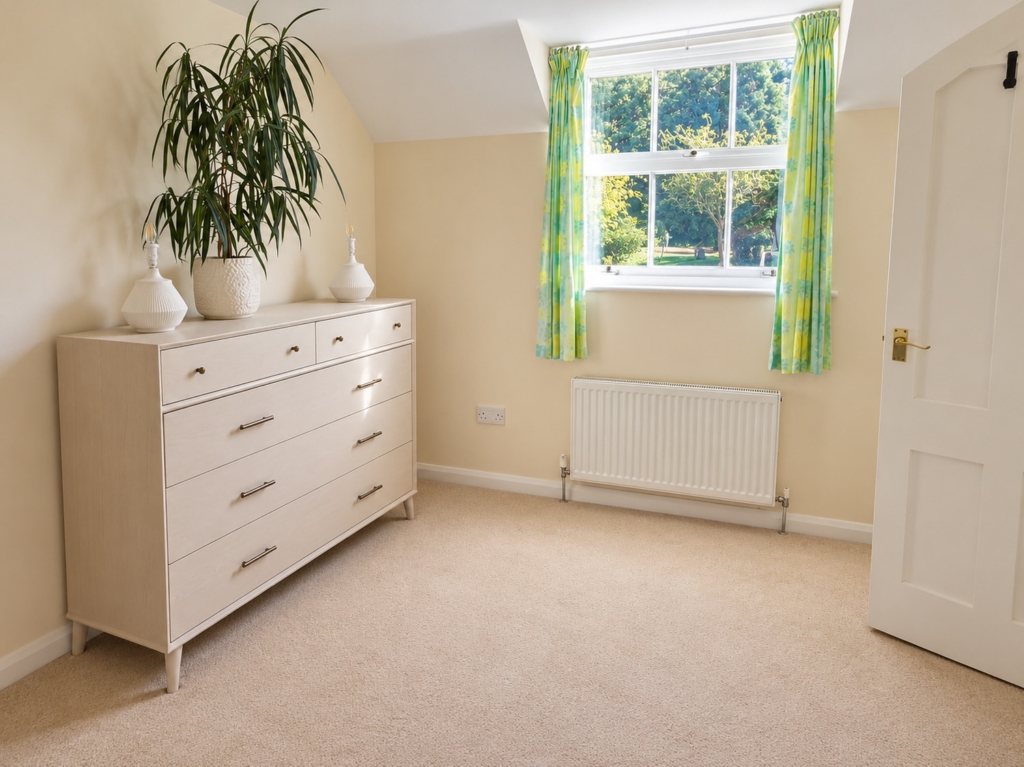 Bedroom with chest of drawers and sash window in Loddon Hall Cottage, Norfolk