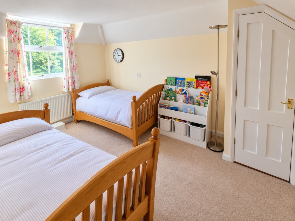 Twin bedroom with wooden beds and sash window in Loddon Hall Cottage, Norfolk